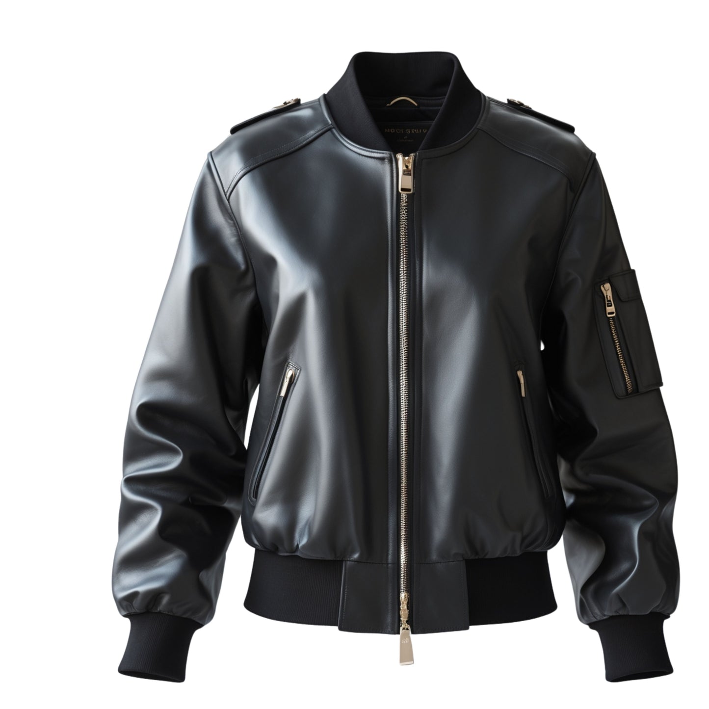 Black Real Leather Bomber Jacket with Utility Sleeve Pocket