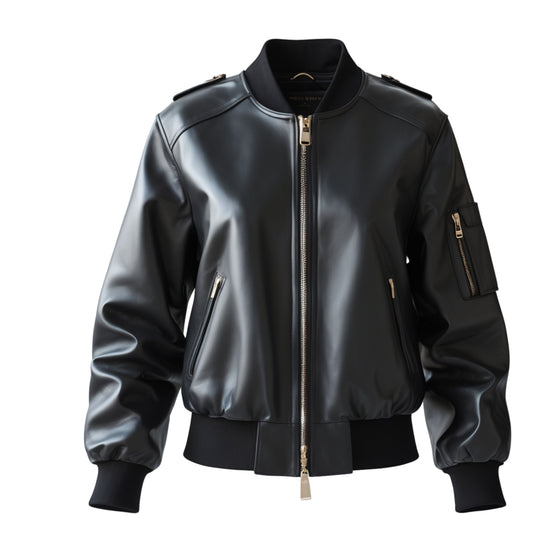 Black Real Leather Bomber Jacket with Utility Sleeve Pocket
