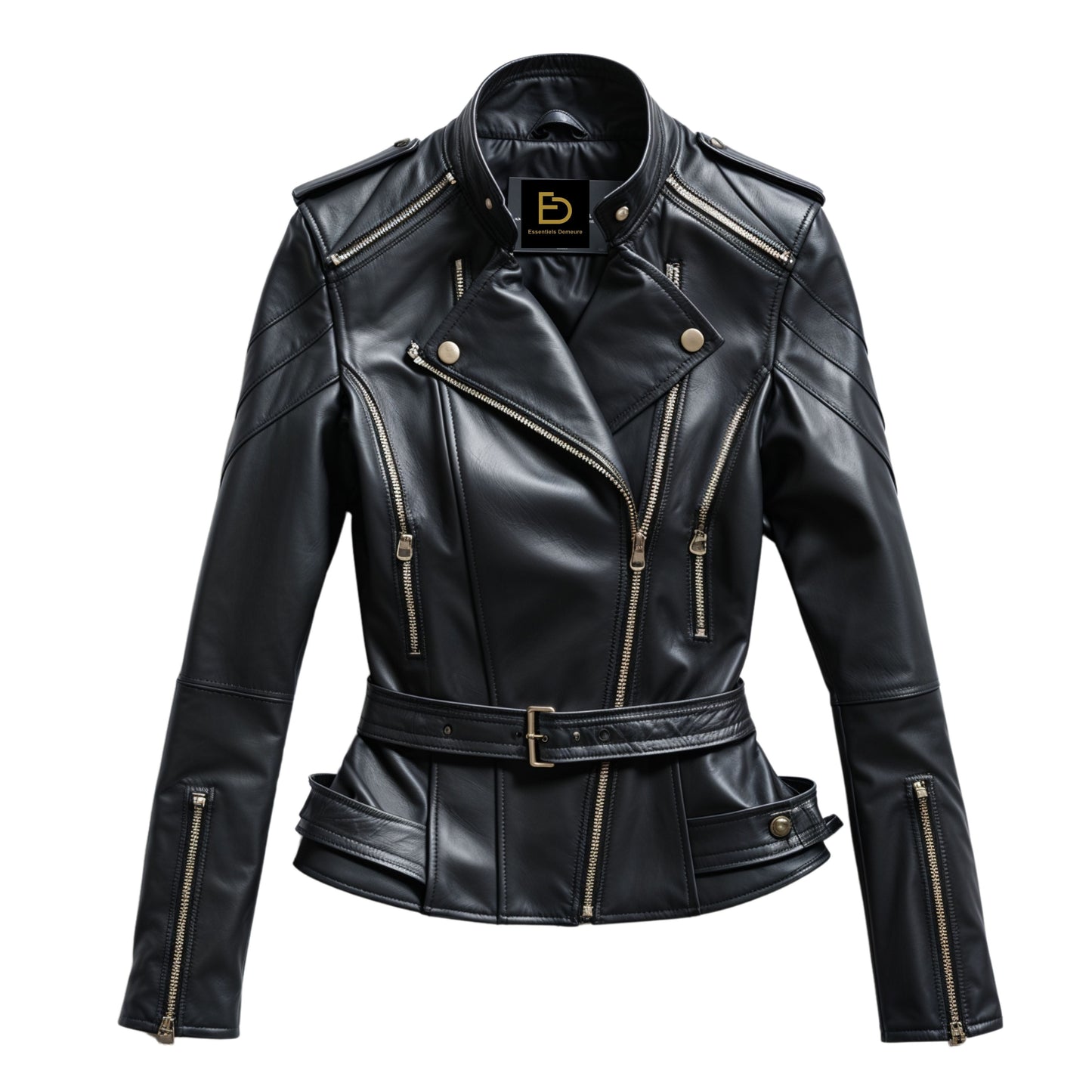 Womens Black Leather Biker Jacket with Belted Waist and Gold Zippers