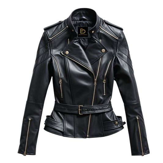 Womens Black Leather Biker Jacket with Belted Waist and Gold Zippers