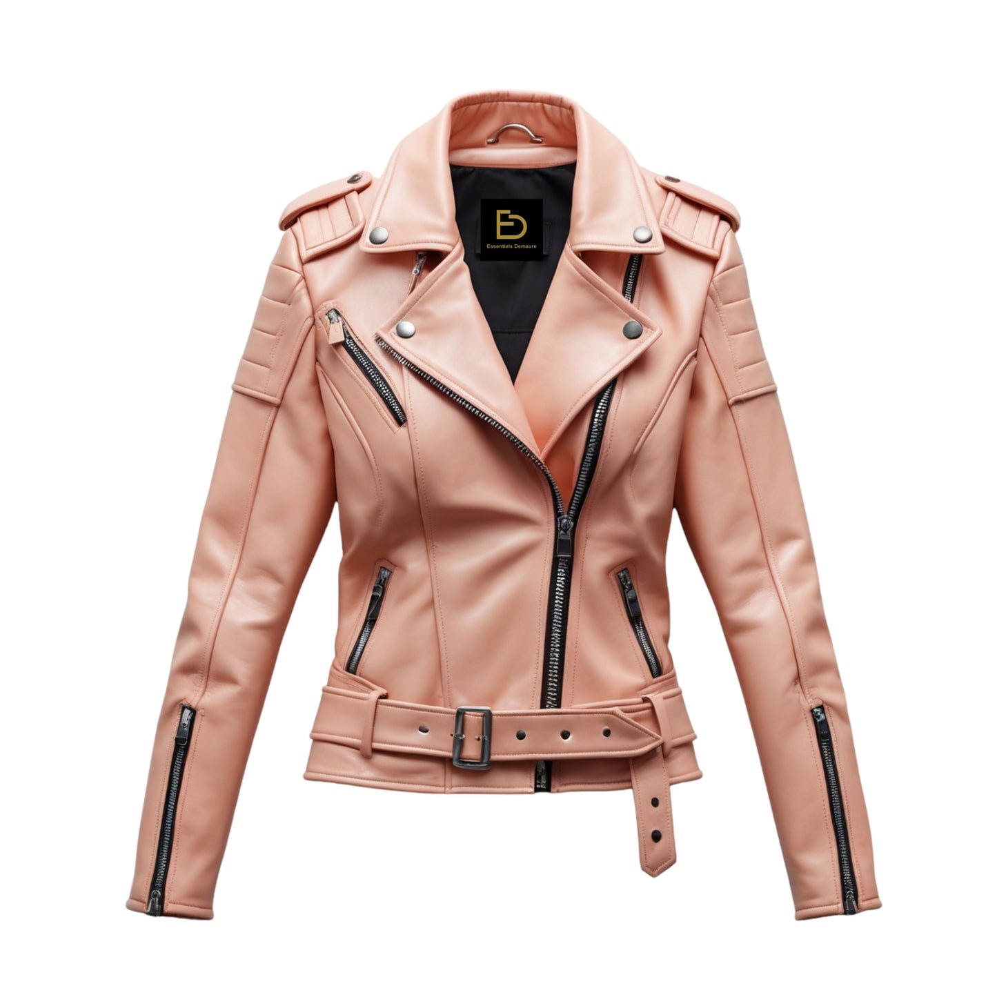 Peach Pink Leather Moto Jacket with Belted Waist and Quilted Shoulders