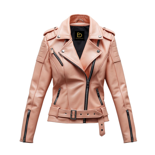Peach Pink Leather Moto Jacket with Belted Waist and Quilted Shoulders