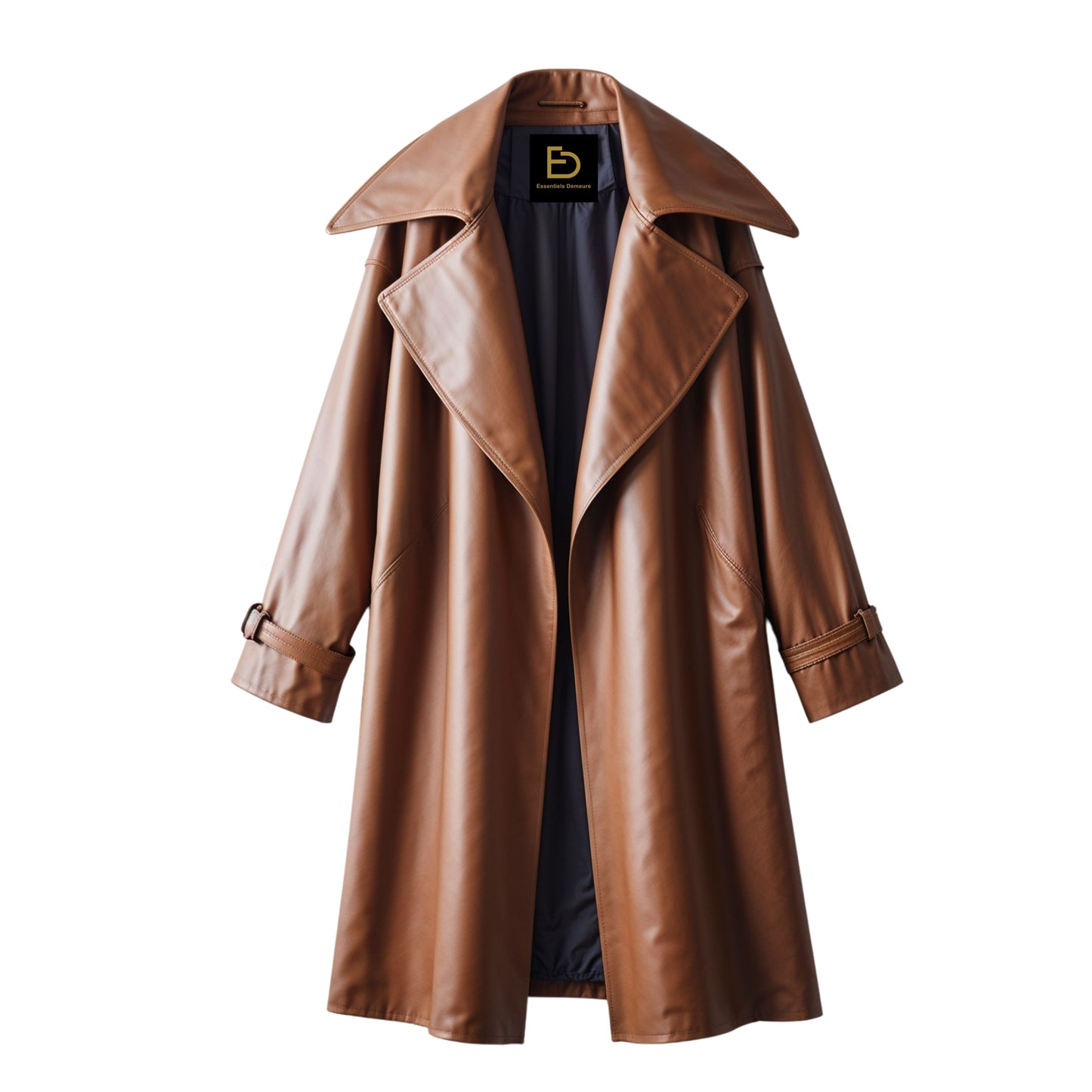 Women Cognac Brown Leather Duster Trench Coat: Wide Lapel, Belted Wrap Style Outerwear