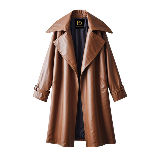 Women Cognac Brown Leather Duster Trench Coat: Wide Lapel, Belted Wrap Style Outerwear