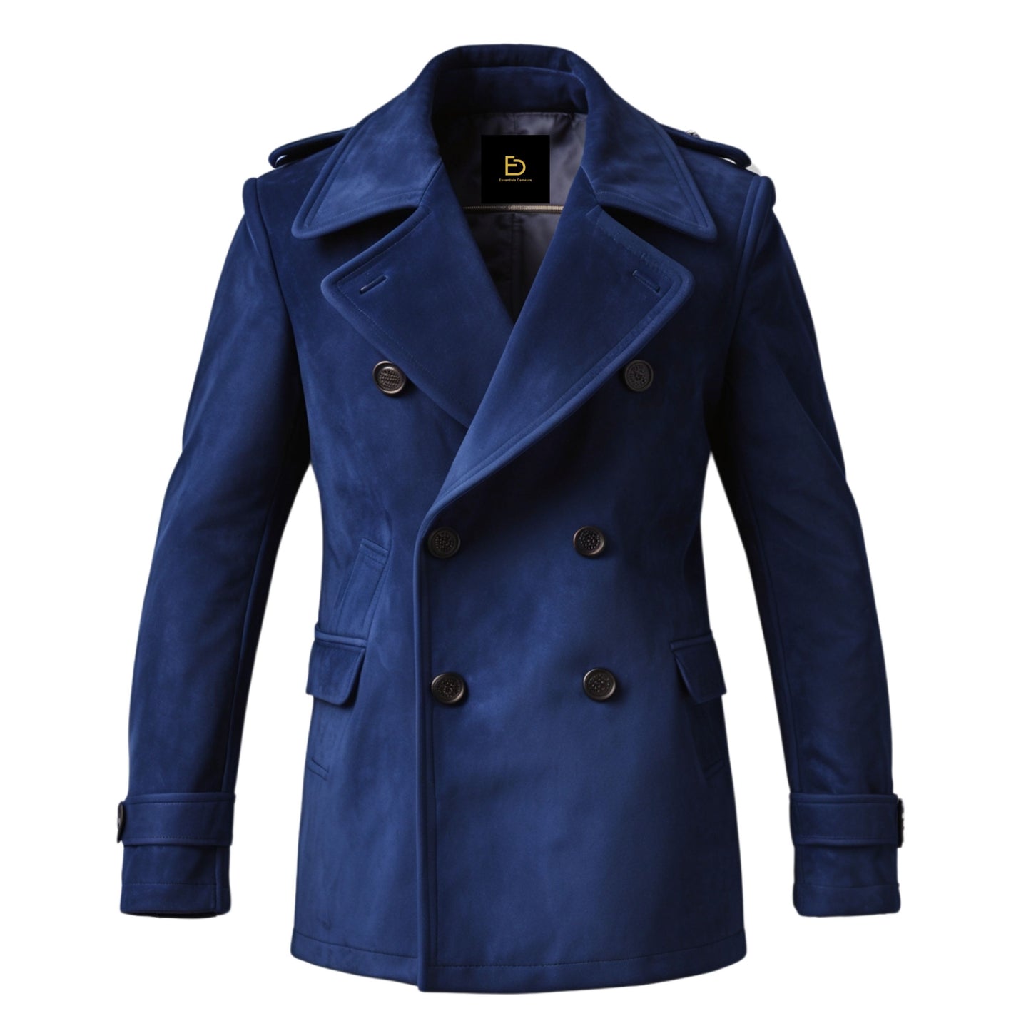Men's Double Breasted Navy Blue Pea Coat: Wide Lapels, Flap Pockets, Winter Formal