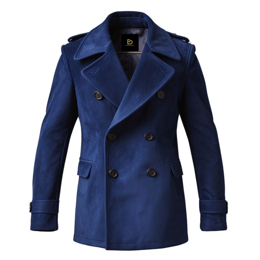 Men's Double Breasted Navy Blue Pea Coat: Wide Lapels, Flap Pockets, Winter Formal