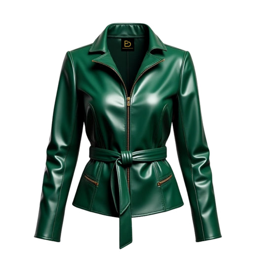 Hunter Green Real Leather Belted Jacket – Women's Fitted Moto Wear