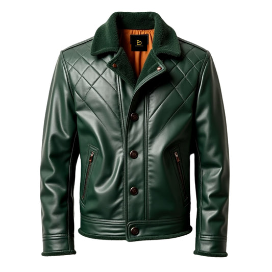 Men's Green Quilted Leather Jacket with Shearling Collar – Warm Winter Outerwear