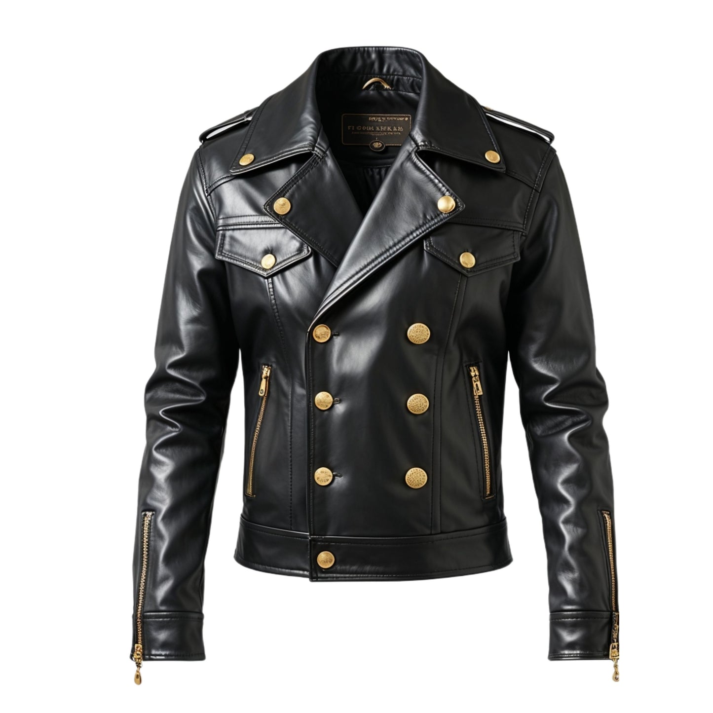 Men's Black Double Breasted Leather Biker Jacket with Gold Buttons – Tailored Fit