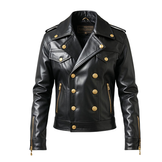 Men's Black Double Breasted Leather Biker Jacket with Gold Buttons – Tailored Fit