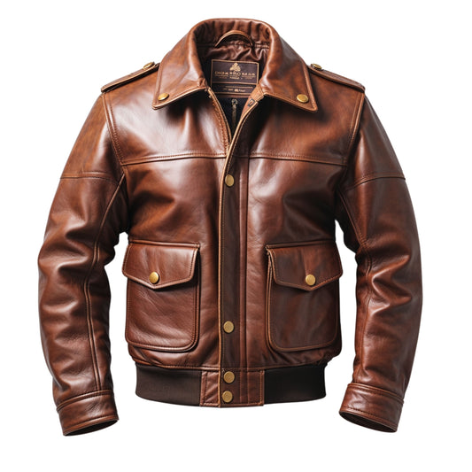 Men's Brown Real Leather Military Jacket – Vintage Fashion, Ribbed Cuffs, Button Closure
