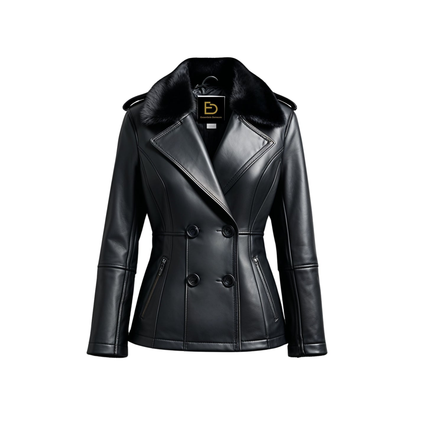 Women's Black Leather Peacoat Jacket with Plush Fur Collar, Double Breasted Buttons