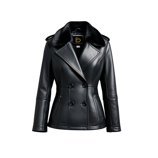 Women's Black Leather Peacoat Jacket with Plush Fur Collar, Double Breasted Buttons