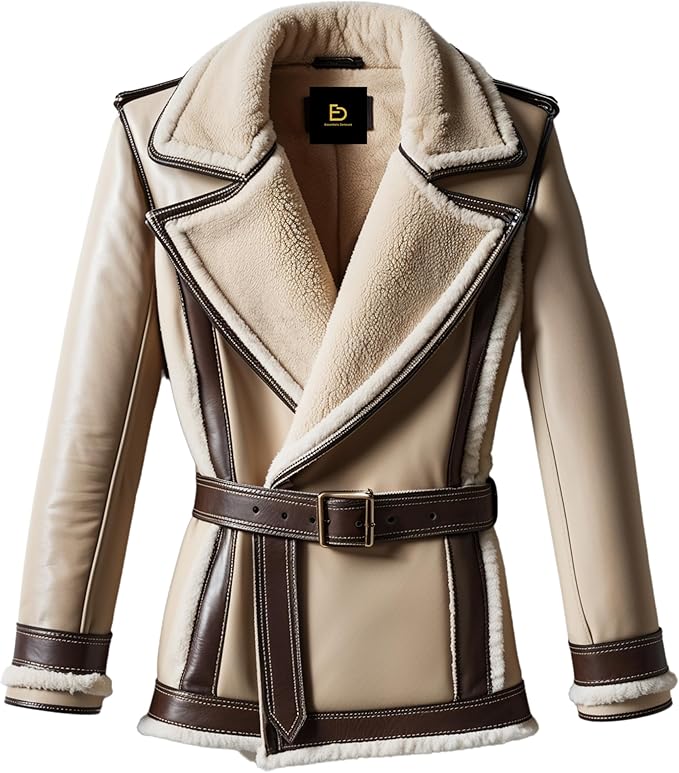 Luxury Beige Brown Real Leather Shearling Jacket Men Wide Lapel Belted Waist Soft Lining Winter Fashion