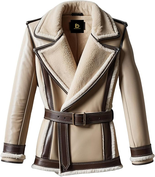 Luxury Beige Brown Real Leather Shearling Jacket Men Wide Lapel Belted Waist Soft Lining Winter Fashion