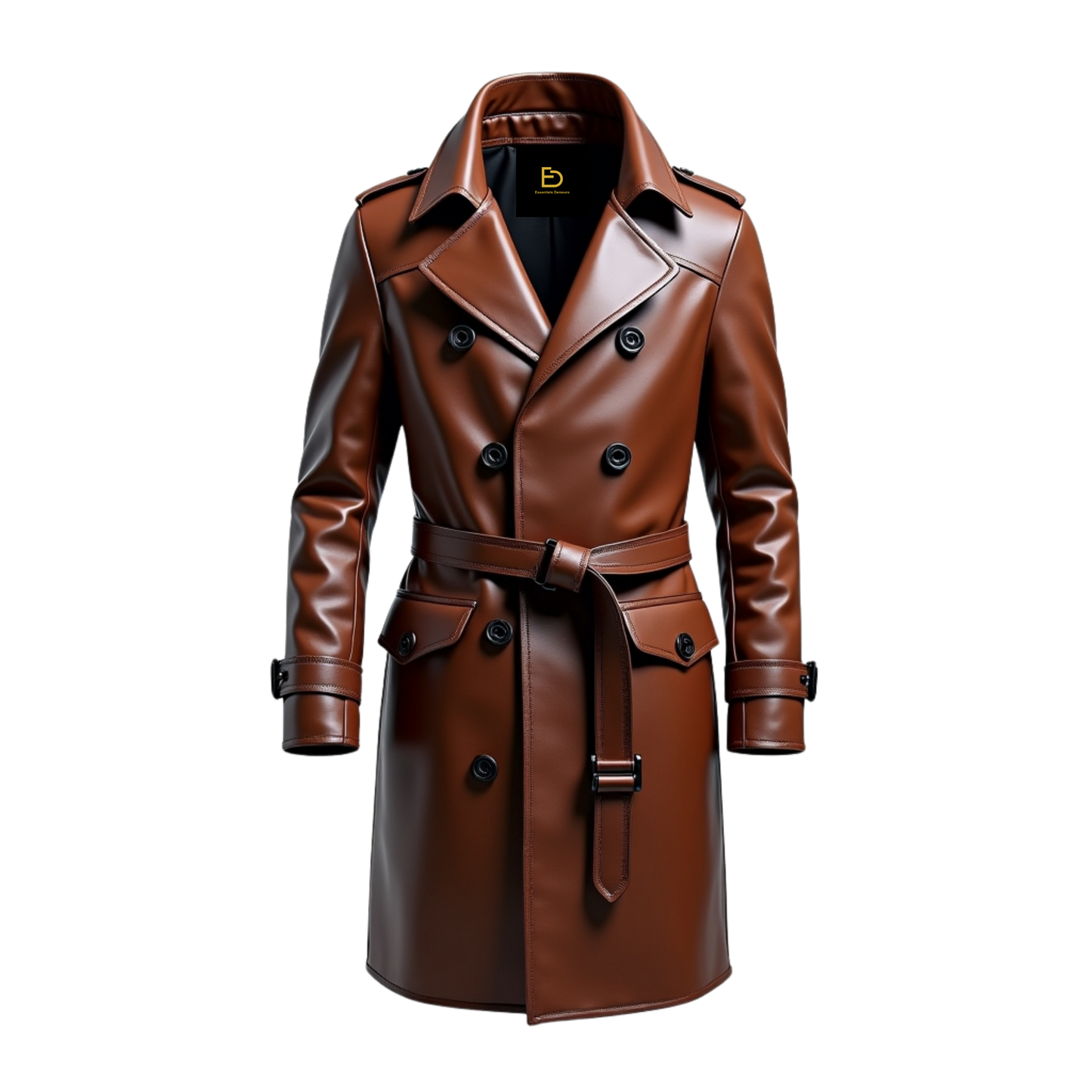 Men's Brown Leather Trench Coat: Classic Double-Breasted Belted Overcoat