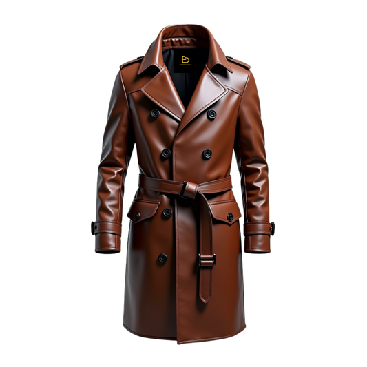 Men's Brown Leather Trench Coat: Classic Double-Breasted Belted Overcoat