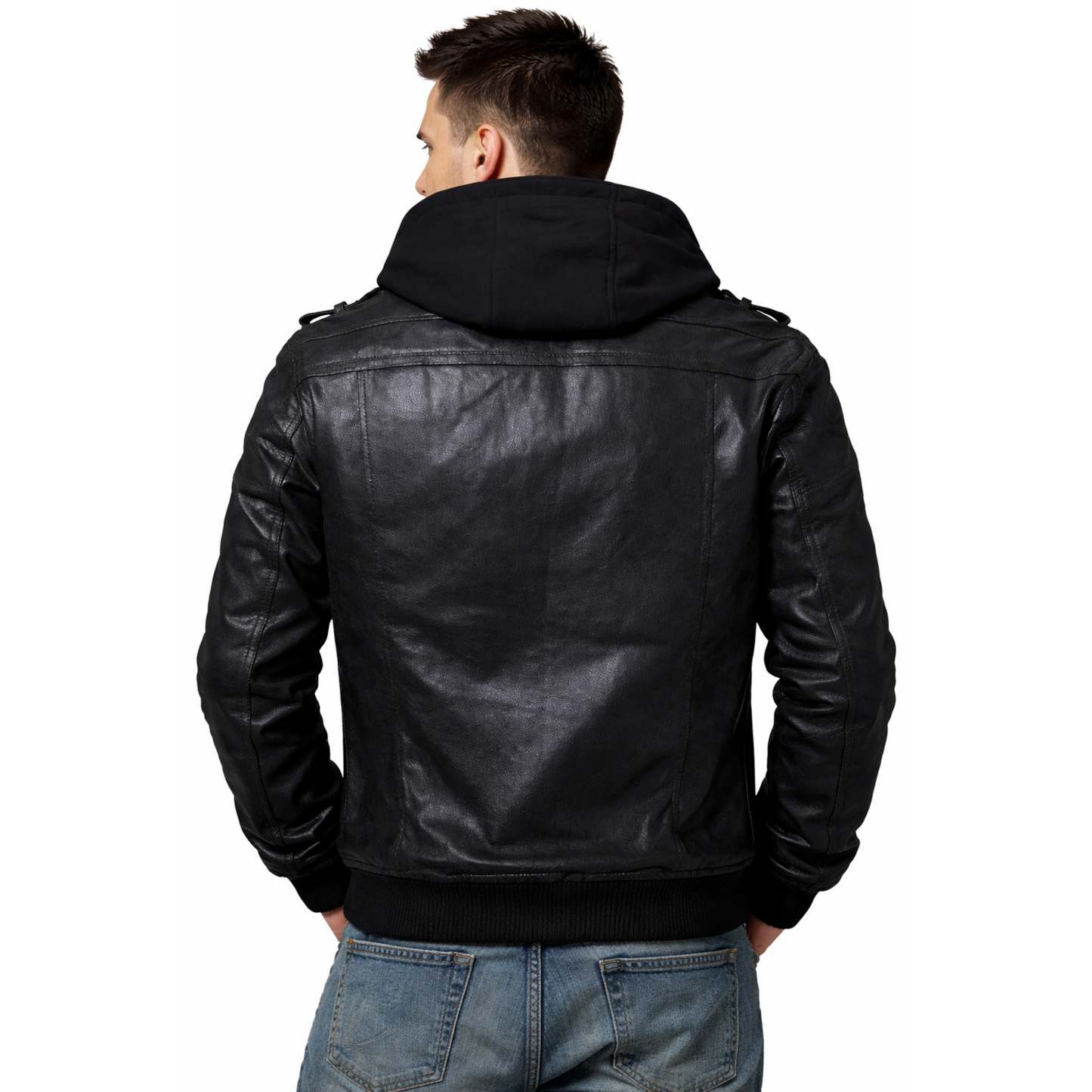 Mens Black Sheepskin Leather Bomber Jacket: Moto Biker with Removable Hood