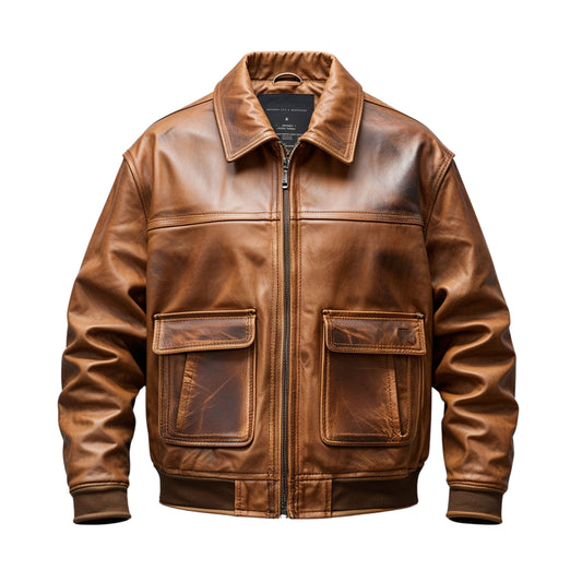 Men's Brown Real Leather Bomber Jacket with Flap Pockets – Timeless Outerwear
