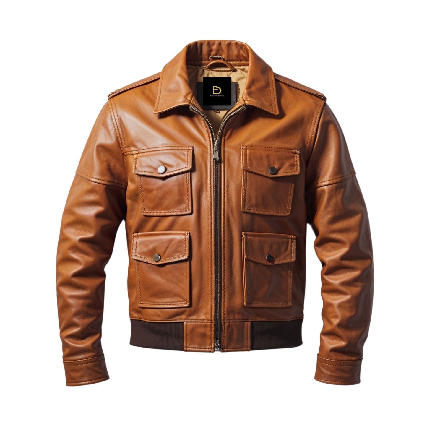 Men's Real Leather Bomber Jacket: Four Flap Pockets, Ribbed Waistband, Classic Style
