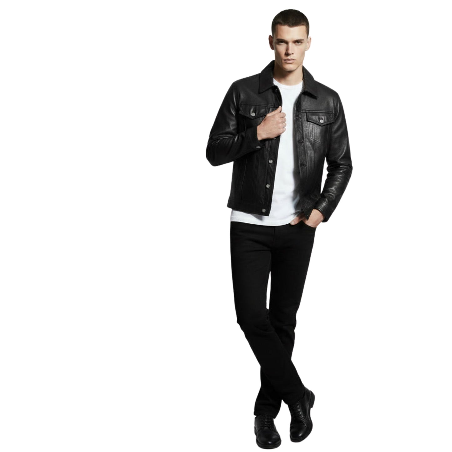 Men's Black Leather Trucker Jacket: Western Style, Slim Fit Snap-Button Coat