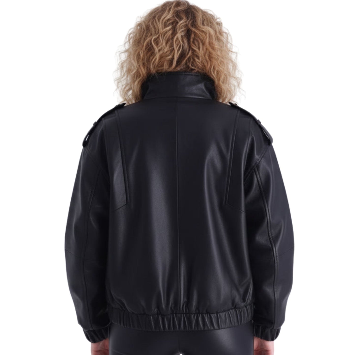 Black Leather Oversized Bomber Jacket: Quilted Utility Style Zip Pockets Elastic Hem