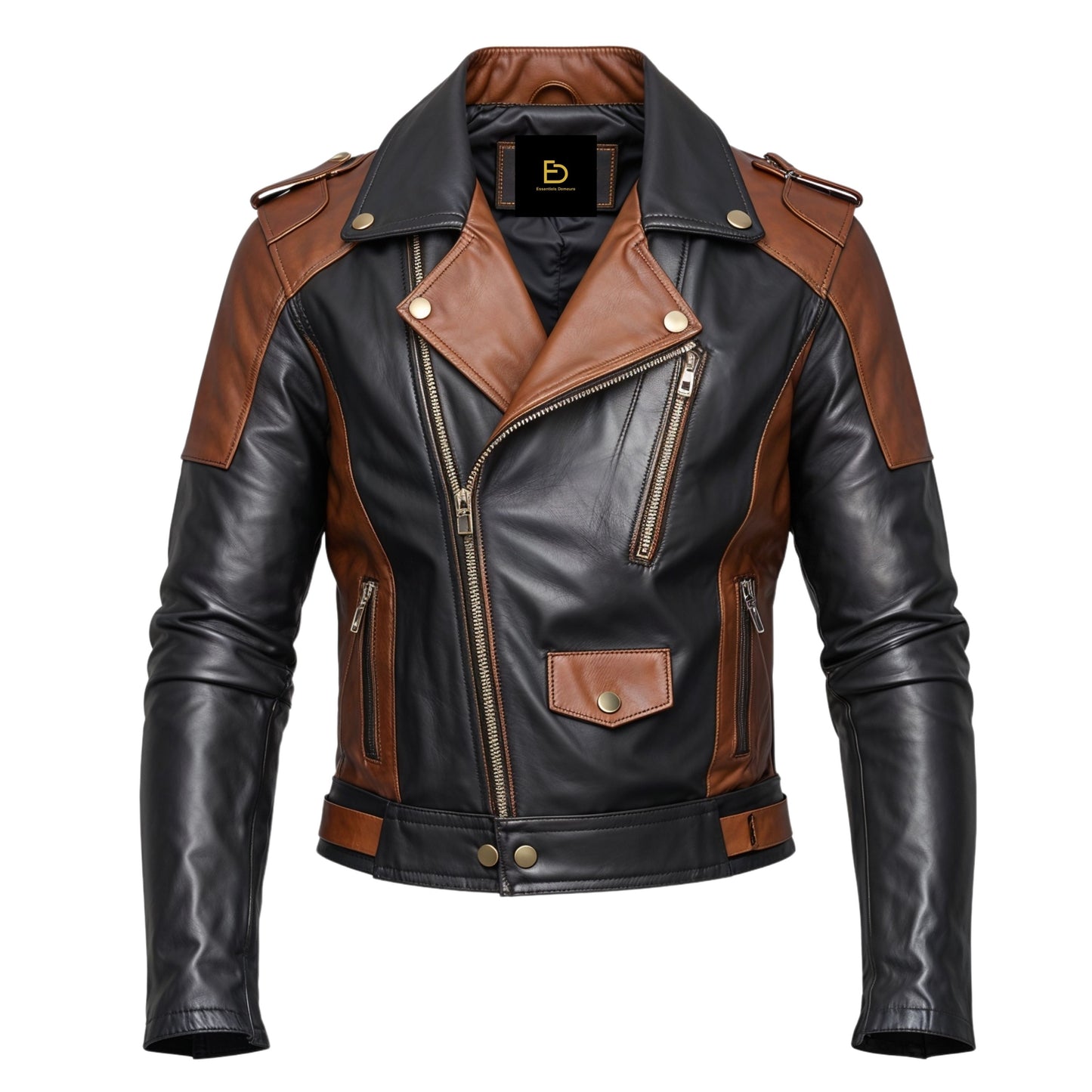Men's Color-Blocked Leather Biker Jacket: Black, Brown, Lapel Collar, Zipper Pockets