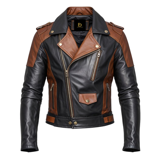 Men's Color-Blocked Leather Biker Jacket: Black, Brown, Lapel Collar, Zipper Pockets