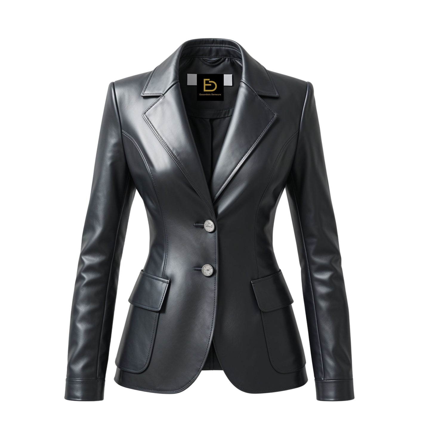 Black Real Leather Blazer Jacket: Slim Fit, Notched Lapel, Two-Button Office Coat
