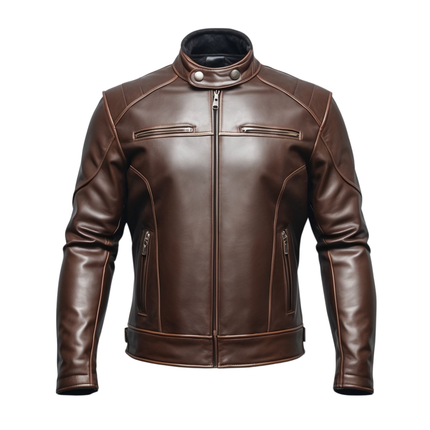 Men's Brown Real Leather Biker Jacket: Stand Collar, Four Zipper Pockets