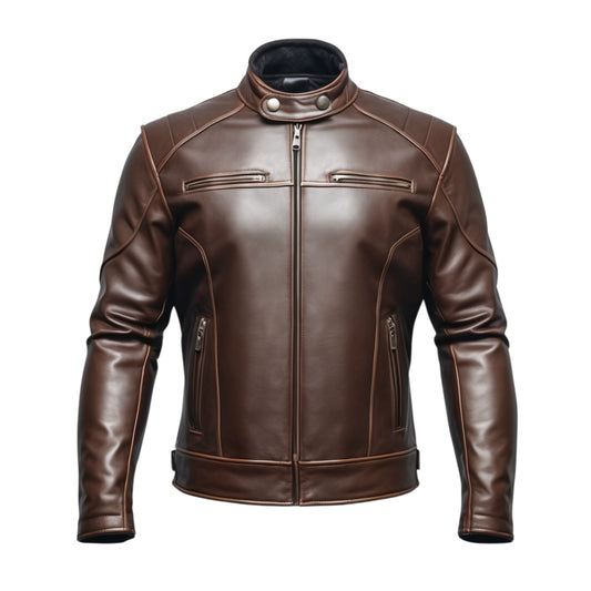 Men's Brown Real Leather Biker Jacket: Stand Collar, Four Zipper Pockets