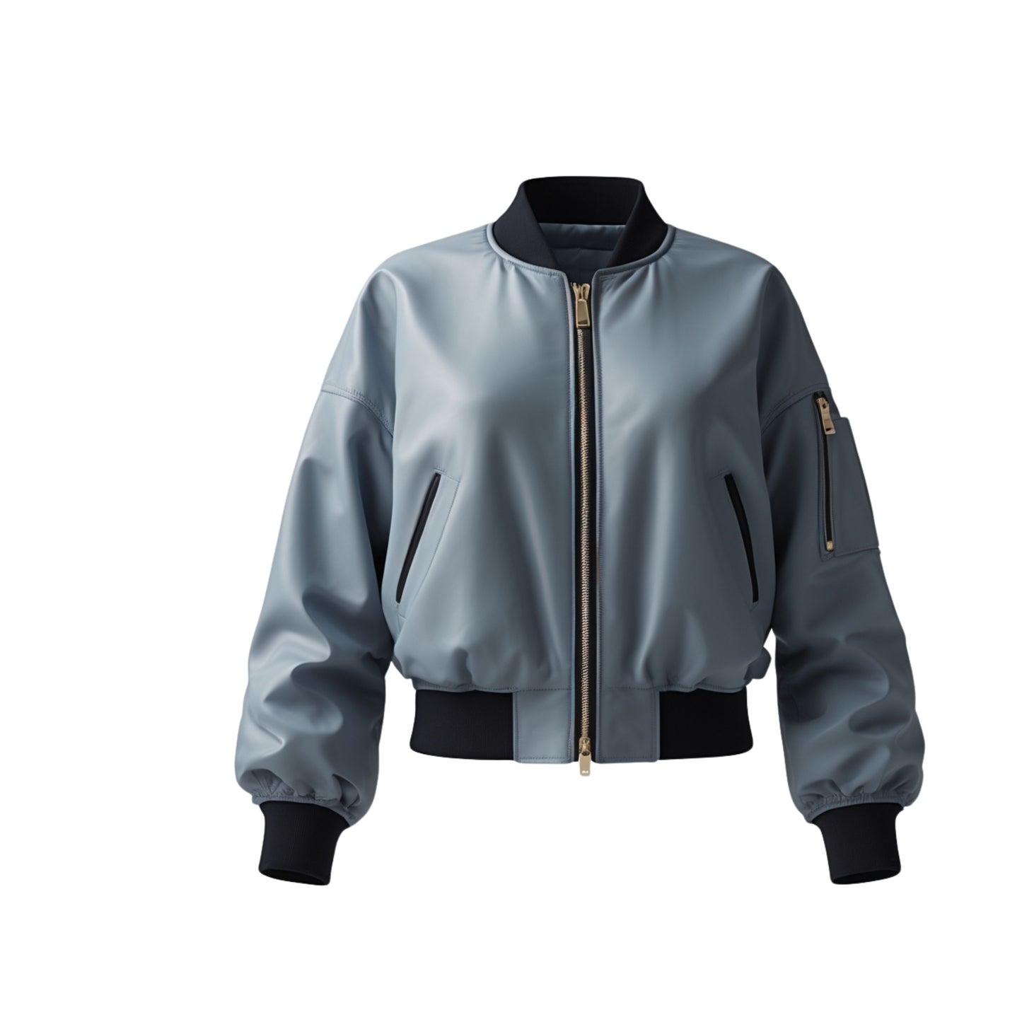 Grey Real Leather Cropped Bomber Flight Jacket with Black Ribbed Details