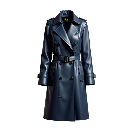 Navy Blue Real Leather Trench Coat Women's Double Breasted Classic Overcoat