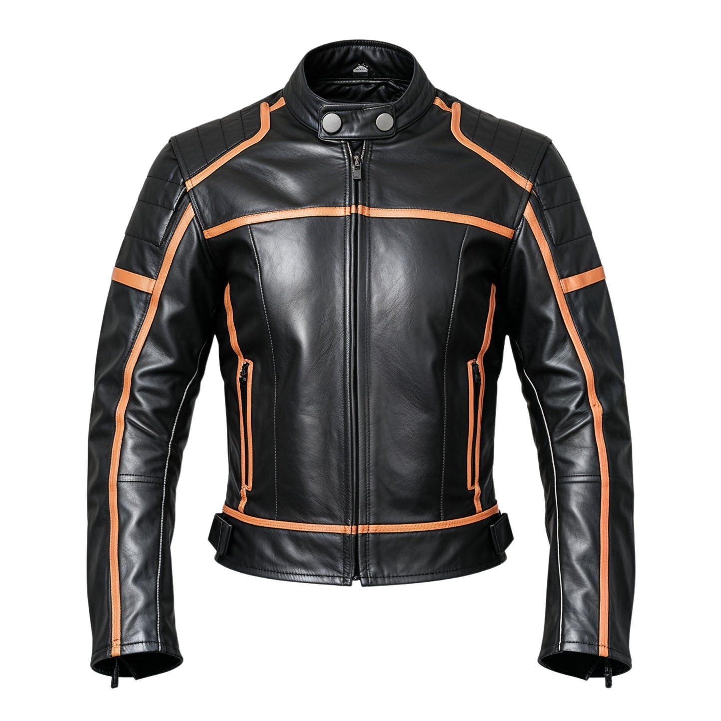 Modern Motorcycle Jacket Orange Racing Stripes Secure Zip Pockets Adjustable Waist Stylish Riding Comfort