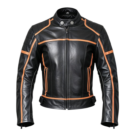 Modern Motorcycle Jacket Orange Racing Stripes Secure Zip Pockets Adjustable Waist Stylish Riding Comfort