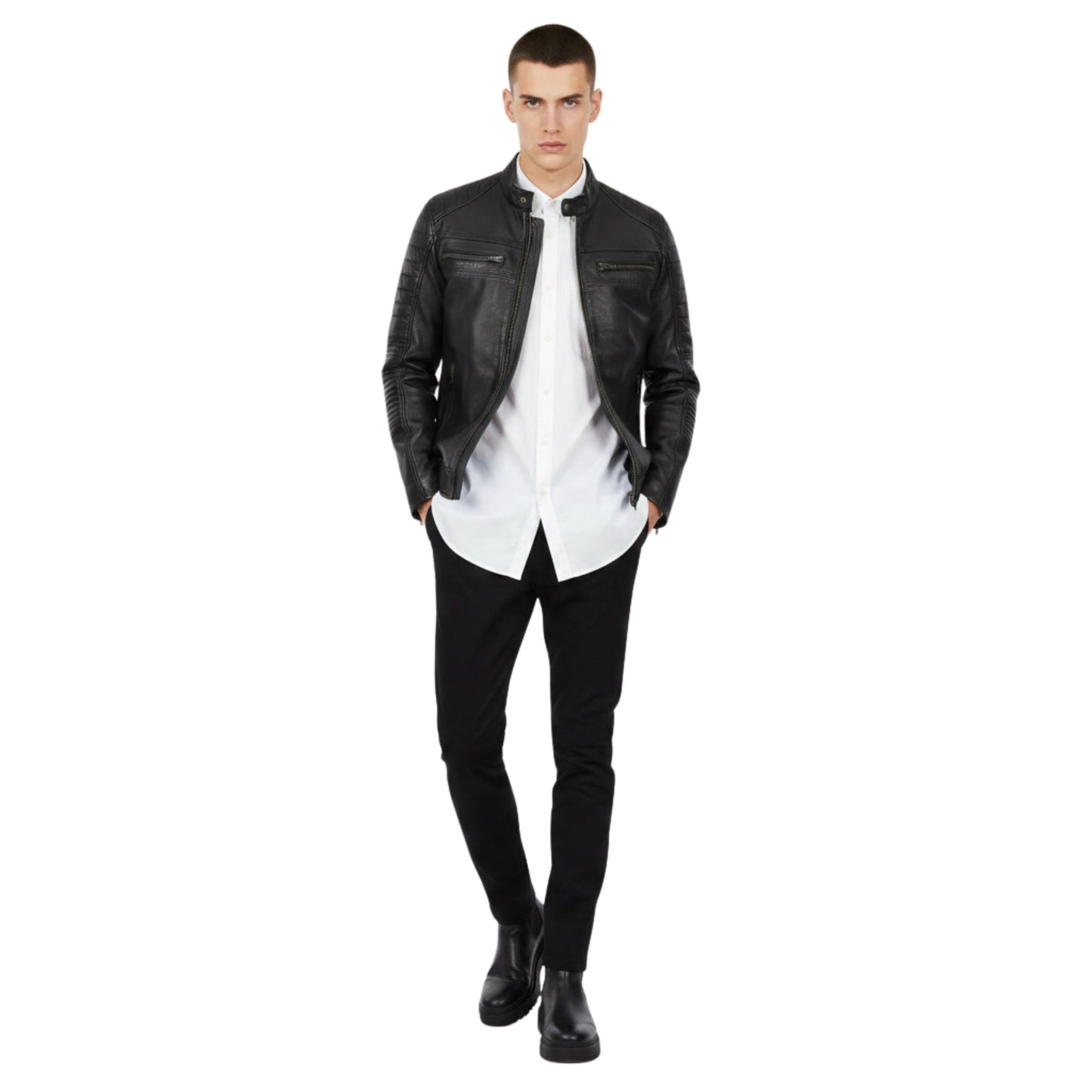 Men's Black Leather Slim Fit Moto Biker Jacket with Quilted Shoulders