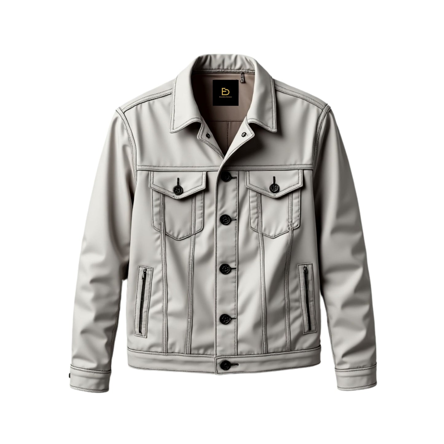 Men's Light Grey Real Leather Trucker Jacket – Modern Fit Button Closure