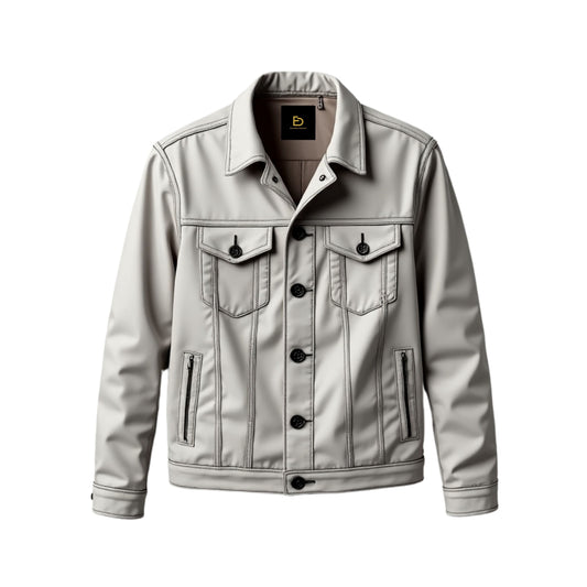 Men's Light Grey Real Leather Trucker Jacket – Modern Fit Button Closure