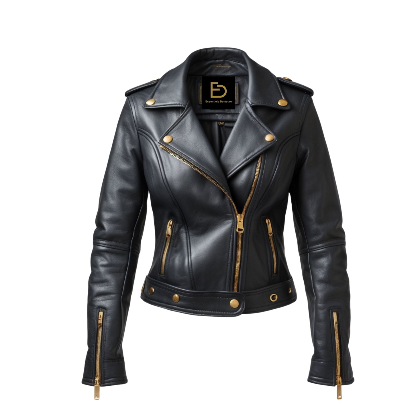 Women's Black Leather Cropped Biker Jacket with Gold Hardware