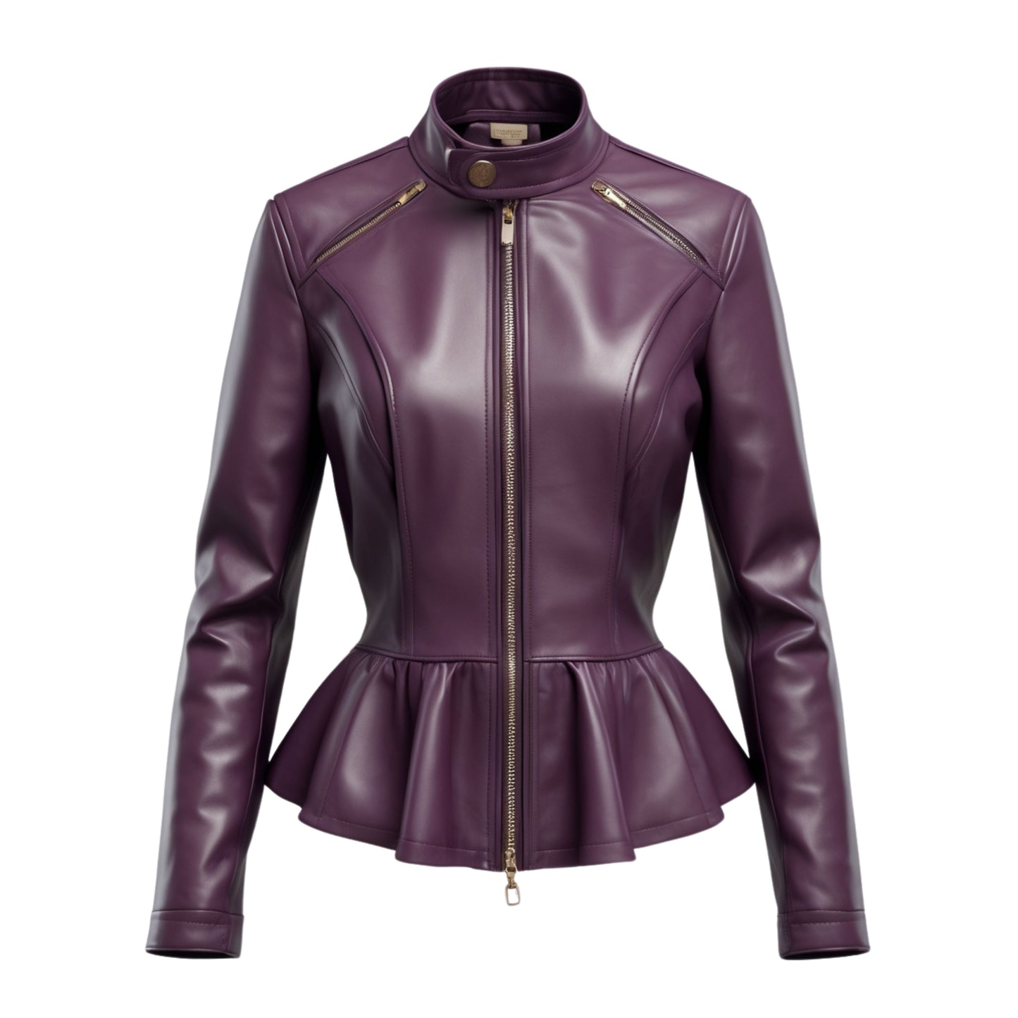 Plum Purple Real Leather Peplum Moto Jacket – Slim Fit Stand Collar Fashion Wear