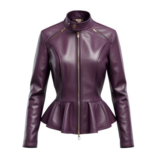 Plum Purple Real Leather Peplum Moto Jacket – Slim Fit Stand Collar Fashion Wear