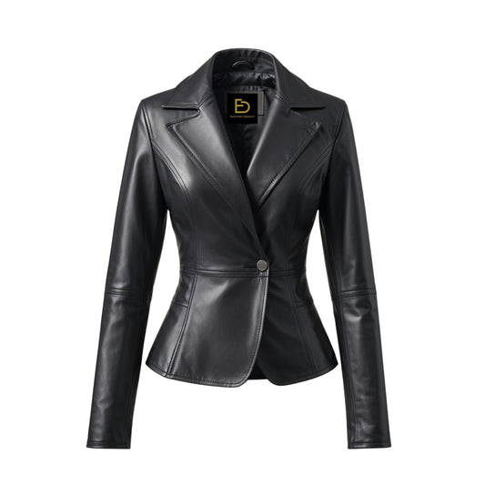 Black Real Leather Blazer Jacket: Tailored One Button Slim Office Coat