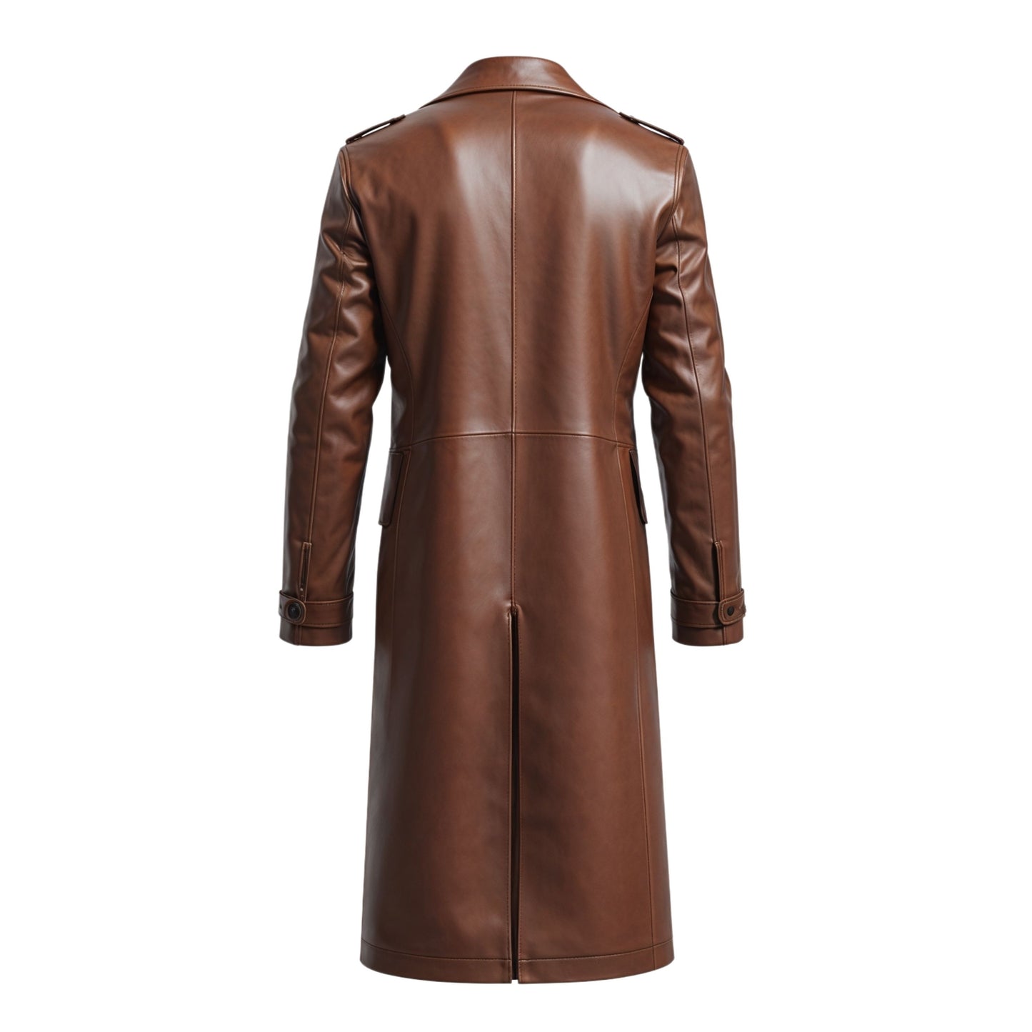 Brown Real Leather Long Overcoat: Classic Notch Lapel, Tailored Fit Outerwear