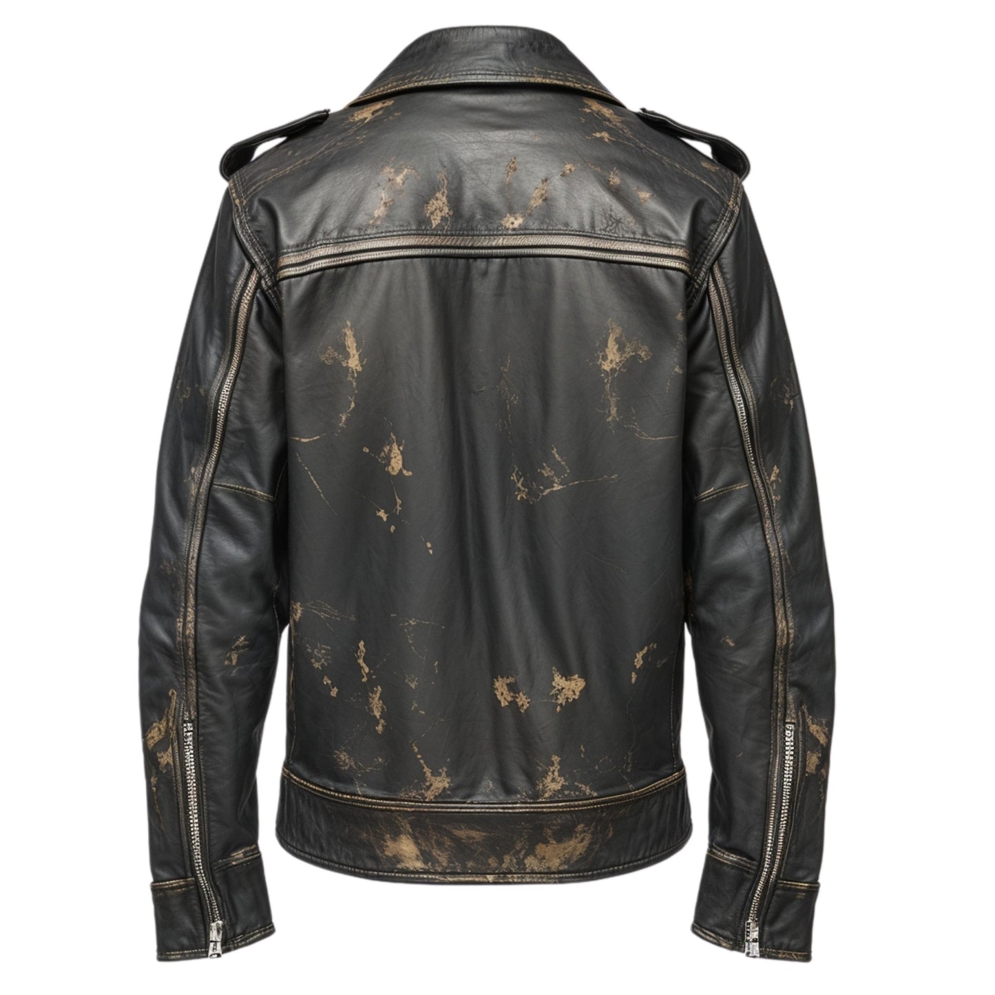 Vintage Style Distressed Black Real Leather Biker Jacket Men Asymmetrical Zipper Adjustable Waist Belt