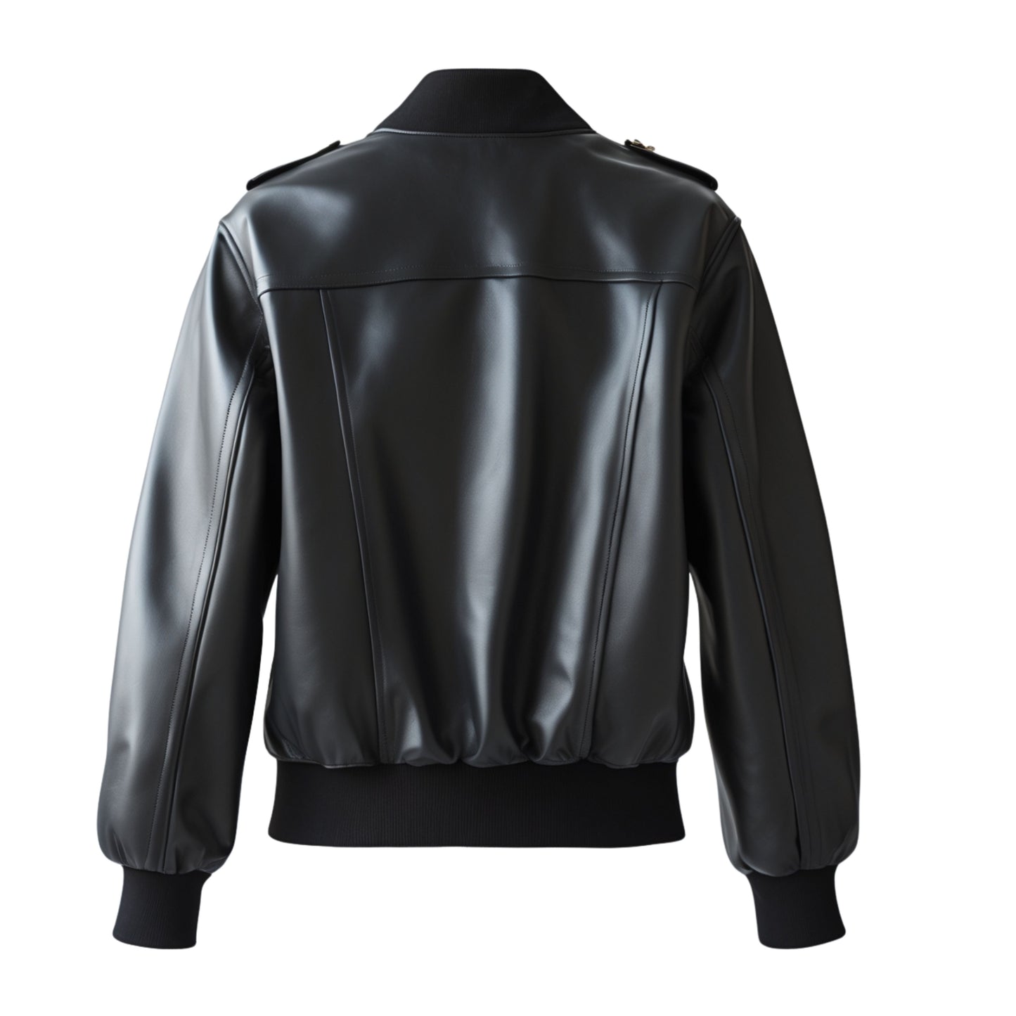 Black Real Leather Bomber Jacket with Utility Sleeve Pocket