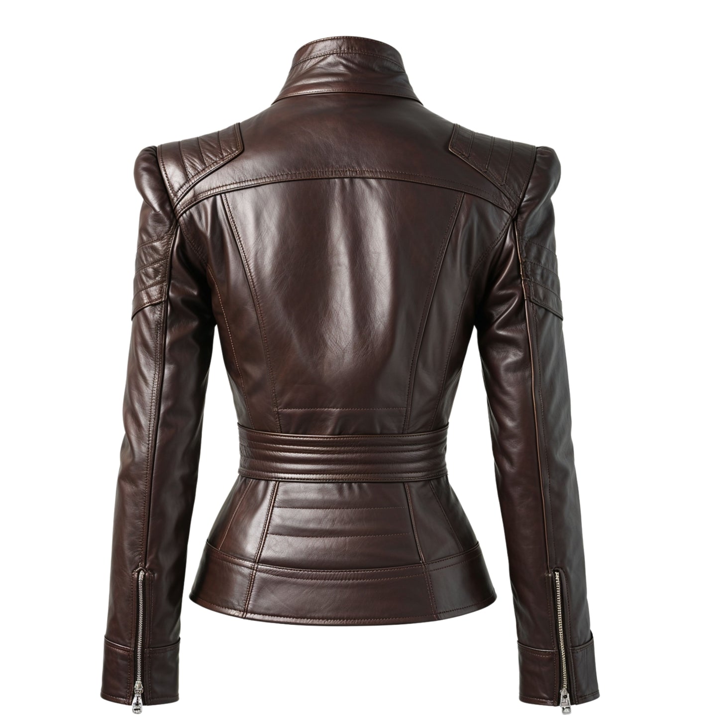 Women's Dark Brown Quilted Leather Jacket – Stand Collar Snap Button Slim Fit Motorcycle Coat