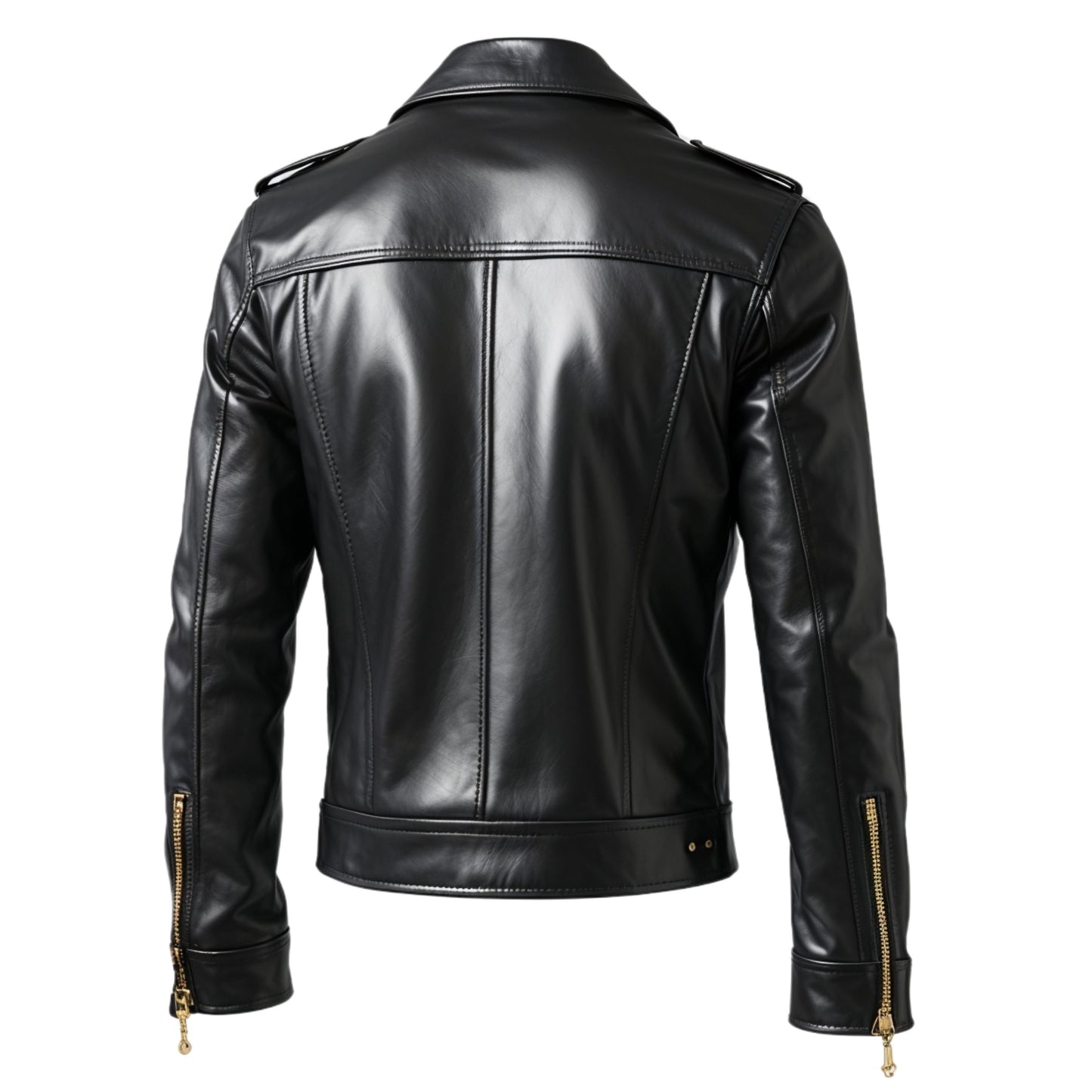Men's Black Double Breasted Leather Biker Jacket with Gold Buttons – Tailored Fit