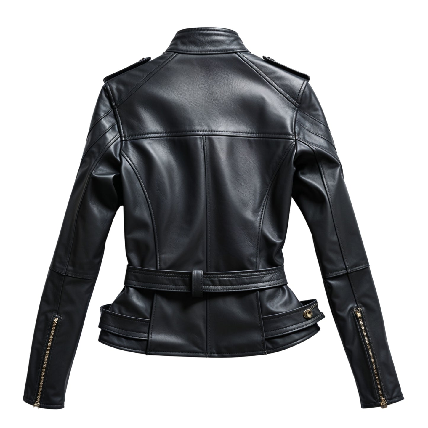 Womens Black Leather Biker Jacket with Belted Waist and Gold Zippers