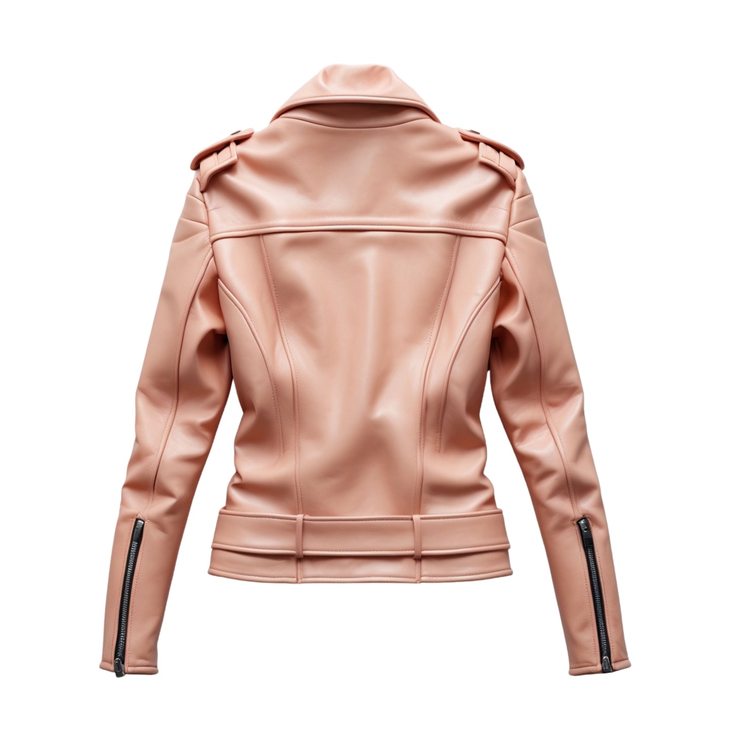 Peach Pink Leather Moto Jacket with Belted Waist and Quilted Shoulders