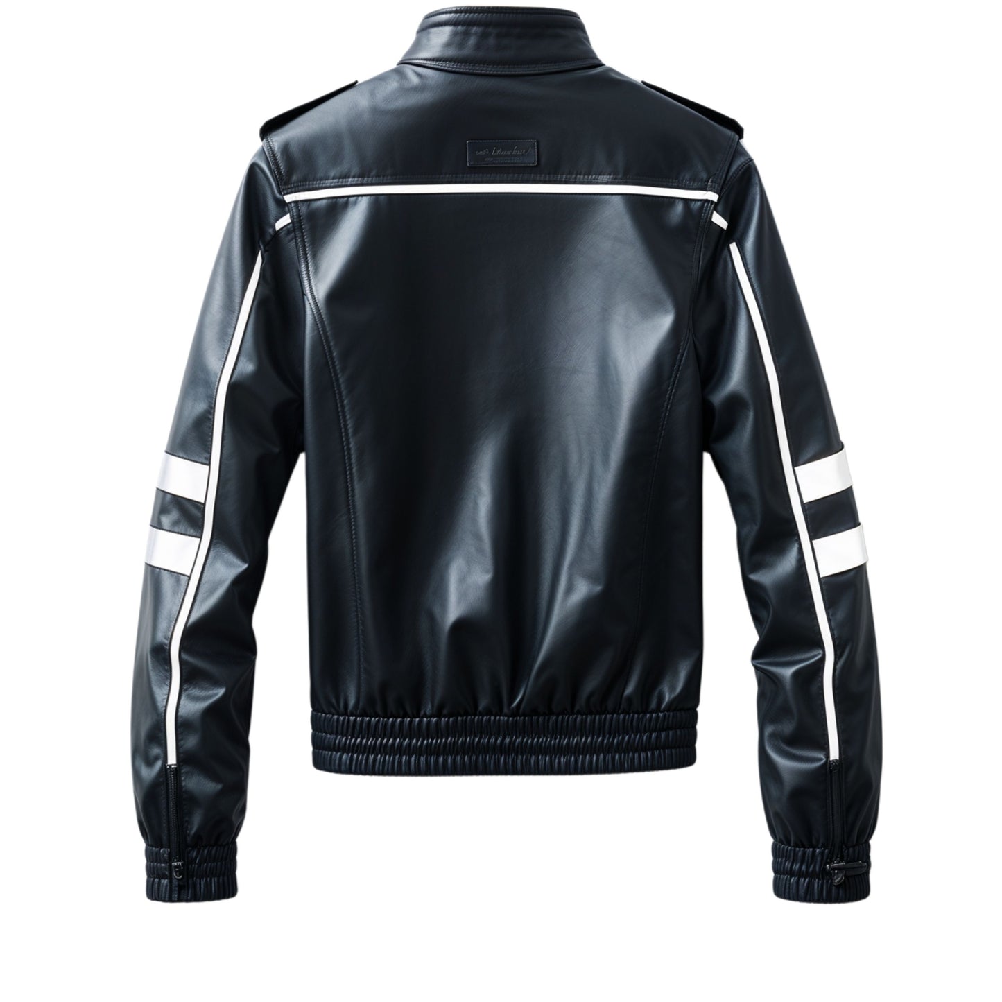 Men's Black Real Leather Jacket with White Stripes, Stand Collar Sporty Style